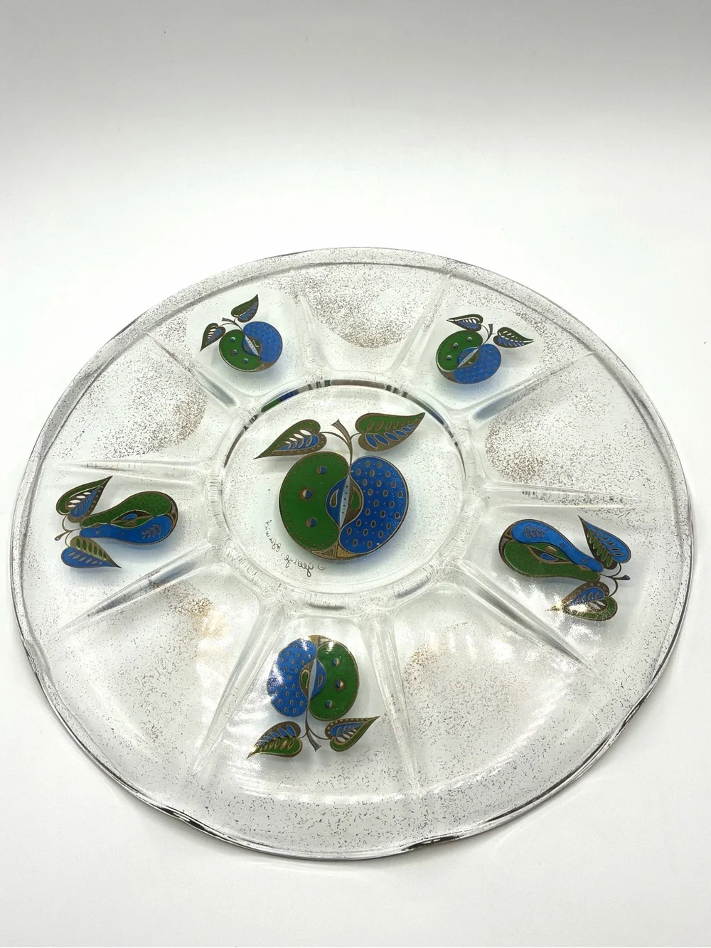 Vintage Georges Briard Divided Glass Serving Tray Gold Blue Green Fruit MCM